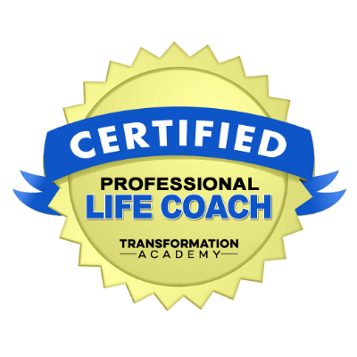 Certified Professional Life Coach badge from Transformation Academy with a gold seal.