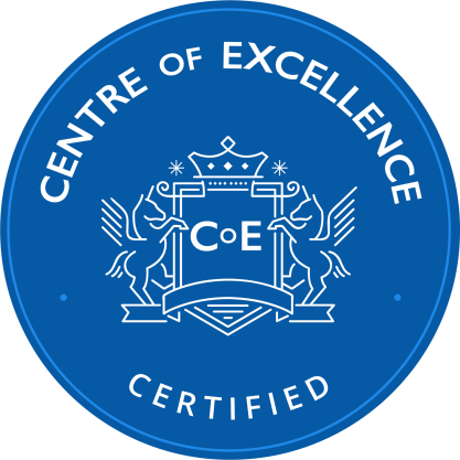 Blue seal featuring "Centre of Excellence Certified" with a crown and two lions.